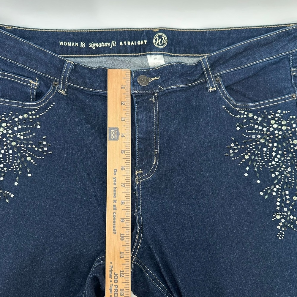 W62 Jeans Womens 18 Blue Denim Signature Fit Straight Leg Stretch Rhinestone - Picture 8 of 11